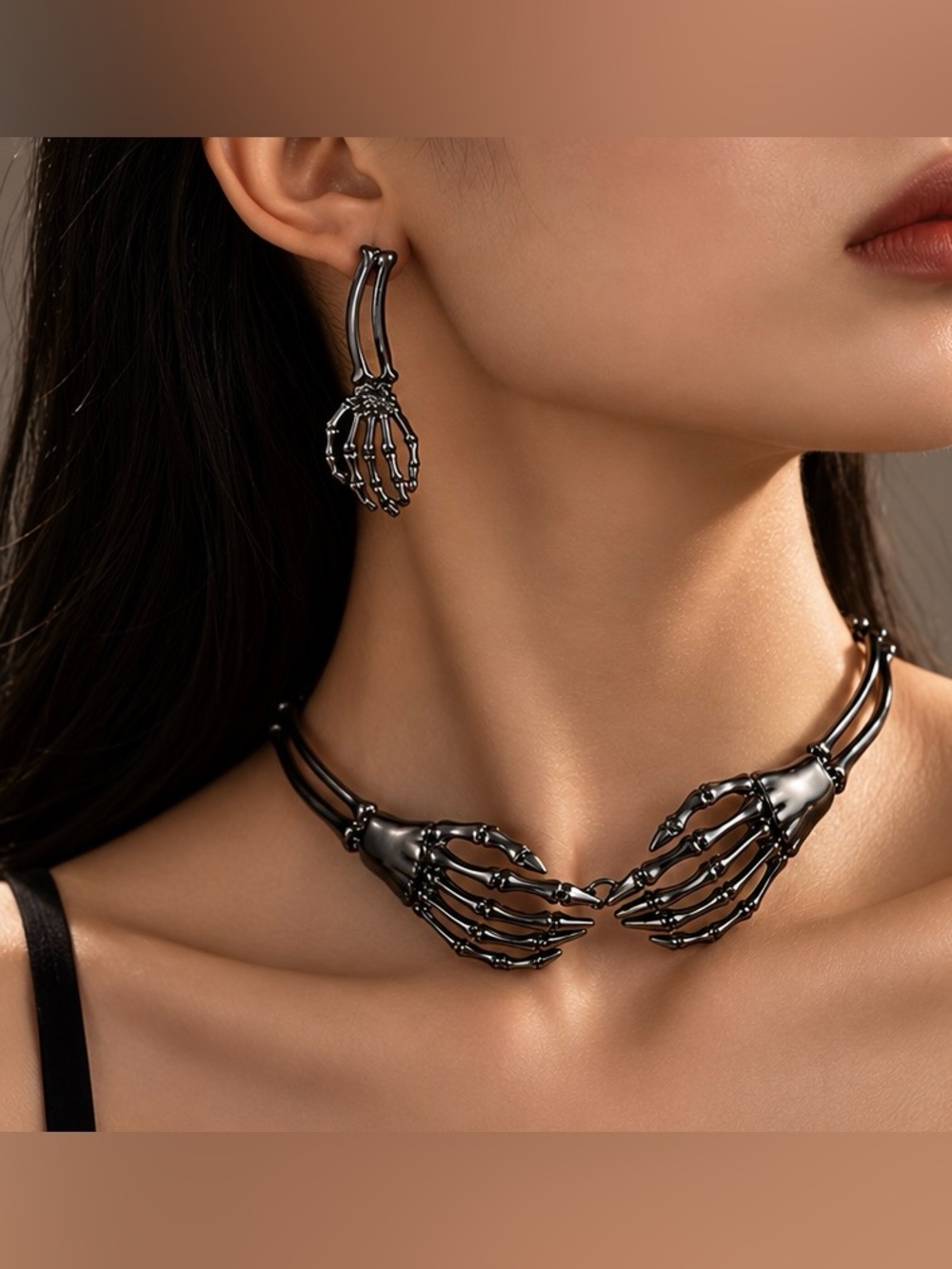 Halloween Skeleton Hands Necklace & Earrings Set Black Gothic Statement Jewelry